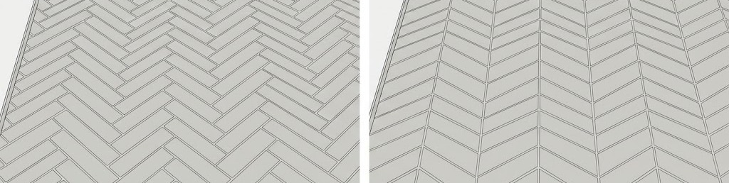 Kakel lagt i herringbonemönster och chevronmönster..